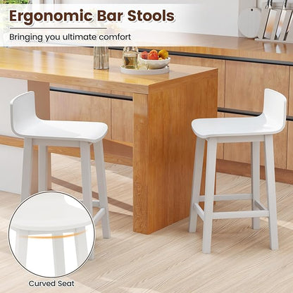 COSTWAY Solid Wood Bar Stools Set of 2, 24.5-inch Counter Height Chairs with Low Back and Footrest, Farmhouse Wooden Armless barstools for Kitchen Island, Dining Room, Cafe, Breakfast, White