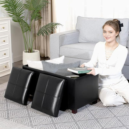Adeco 31 Inches Storage Ottoman Bench, Non-Folding End of Bed Foot Rest Stools Ottoman with Thicker Foam Padded Seat, Upholstered Storage Chest for Living Room, Entryway, Bedroom