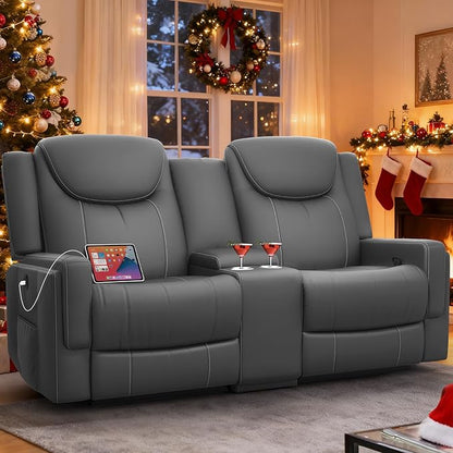 Loveseat Recliner Sofa, Gray PU Leather Double Recliner Loveseat with Console, Cup Holders, Storage & USB Ports, Ergonomics， Manual Reclining Sofa Couch for Living Room, RV