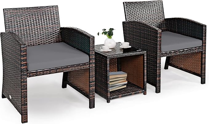 COSTWAY 3 Pieces Patio Furniture Sets, Outdoor Rattan Conversation Set with Tempered Glass Tabletop and Soft Cushion, Wicker Cushioned Chair Sofa for Backyard, Porch, Poolside, Lawn, Gray