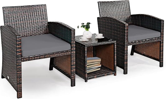 COSTWAY 3 Pieces Patio Furniture Sets, Outdoor Rattan Conversation Set with Tempered Glass Tabletop and Soft Cushion, Wicker Cushioned Chair Sofa for Backyard, Porch, Poolside, Lawn, Gray