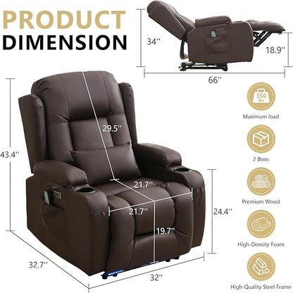 Power Recliner Chair with Heat and Massage, PU Leather Recliner Chair with Cup Holder, Reclining Sofa Home Theater Seating with LED Ambient Light, Side Pockets for Living Room and Bedroom, Brown
