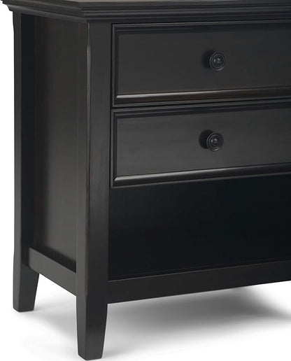 SIMPLIHOME Amherst Bedside Table - 24 inch Wide Solid Wood Nightstand Table in Hickory Brown, Transitional Bedroom Side or End Table with 2 Drawers, Open Storage Shelf and Bronze Hardware