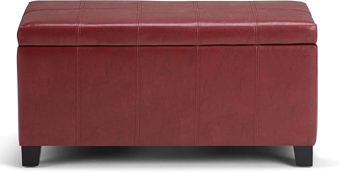 SIMPLIHOME Dover 36 inch Wide Contemporary Rectangle Storage Ottoman Bench in Radicchio Red Vegan Faux Leather, Assembled, for the Living Room, Entryway and Family Room