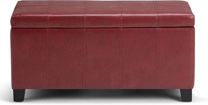 SIMPLIHOME Dover 36 inch Wide Contemporary Rectangle Storage Ottoman Bench in Radicchio Red Vegan Faux Leather, Assembled, for the Living Room, Entryway and Family Room