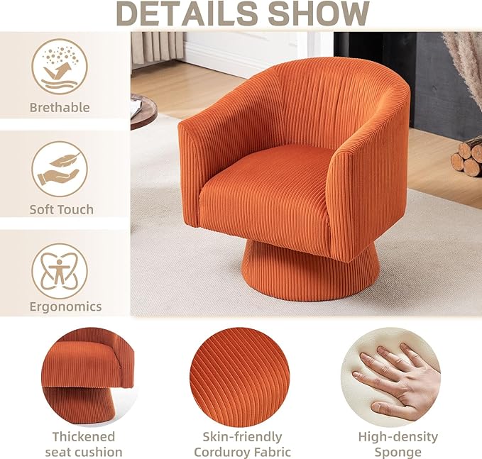 Swivel Accent Chair,Modern 360° Swivel Barrel Chair, Corduroy Upholstered Single Sofa for Living Room, Bedroom(Orange)