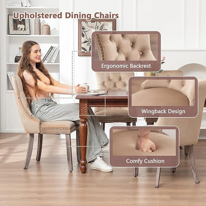 Velvet Dining Chairs Set of 6, Upholstered Dining Room Chairs with Nailhead Ring Pull Trim, Button Tufted Wing Back Chairs for Dining with Solid Wood Legs for Kitchen Dining Room(Khaki)