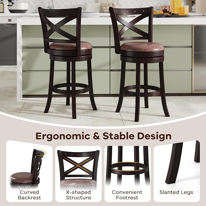 COSTWAY Bar Stools Set of 4, 26" Swivel Counter Height Bar Chairs with Copper Nails, Upholstered Seat, X-Shaped Backrest, Solid Rubber Wood Frame, for Kitchen Island Pub Bar