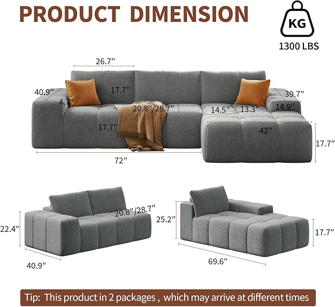 114” Oversized Modular Sectional Couch for Living Room, Chenille Boneless Couch L-Shape Cloud Sofa with Deep Seat and Chaise, Memory Foam Compressed Sofa for Living Room Furniture Bedroom Apartment