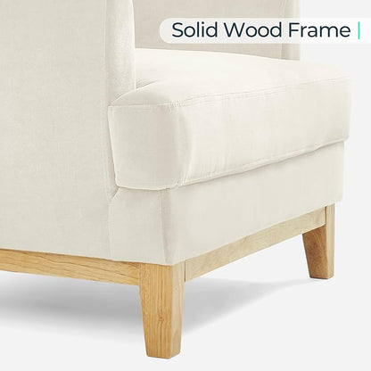 LINSY Accent Chair, Large Reading Chair with Rubberwood Base, Mid Century Modern Armchair with Lumbar Pillow, Cozy Single Sofa Chair for Living Room Bedroom Office Study, Velvet Arm Chair, Beige