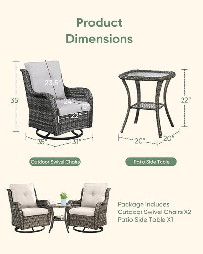 HUMMUH 3-Piece Swivel Rocking Rattan Chair Outdoor, Patio Bistro Furniture Conversation Set, Cushioned Wicker Chair with Glass Side Table(Grey, Beige)
