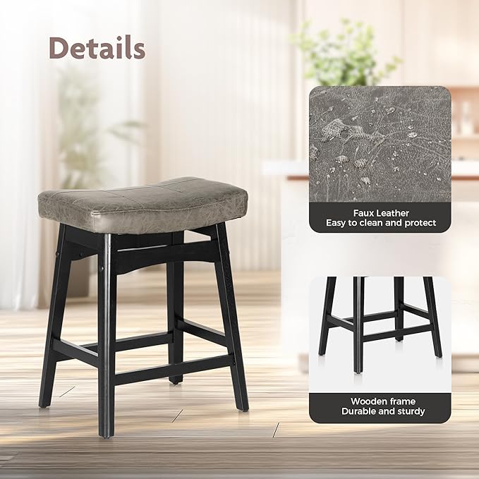 ALPHA HOME Bar Stools Set of 4, Solid Wood Saddle Kitchen Stools with Grey PU Leather Cushion Counter Height Barstools with Wooden Base for Kitchen Dining Cafe, 24 Inch, Grey, 4PCS
