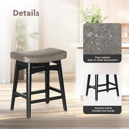 ALPHA HOME Bar Stools Set of 4, Solid Wood Saddle Kitchen Stools with Grey PU Leather Cushion Counter Height Barstools with Wooden Base for Kitchen Dining Cafe, 24 Inch, Grey, 4PCS