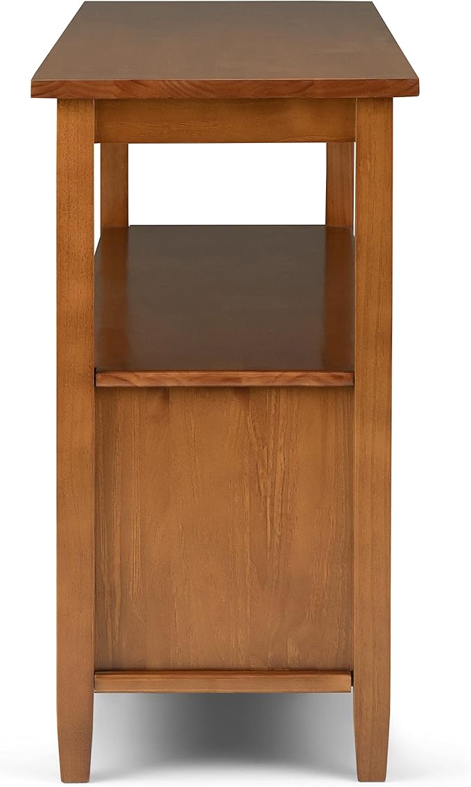 SIMPLIHOME Warm Shaker Wide Console Table - 60 Inch Wide Solid Wood Sofa Table in Light Golden Brown, Transitional Storage for Living Room with 4 Drawers, Open Shelf, and Brushed Nickel Knobs