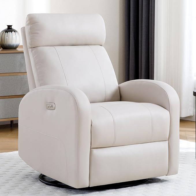 Power Swivel Rocker Recliner, Faux Leather Rocking Recliner Chair with USB Port, Swivel Glider Reclining Chair Nursery Recliners for Living Room, Beige