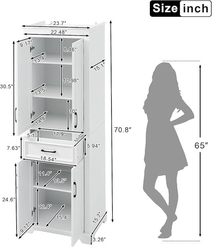 Tall Freestanding Storage Cabinet with 4 Doors & One Drawer, Multi-Purpose Organizer with Adjustable Shelf for Bathroom, Office, Living Room, White