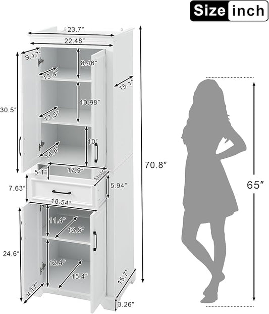 Tall Freestanding Storage Cabinet with 4 Doors & One Drawer, Multi-Purpose Organizer with Adjustable Shelf for Bathroom, Office, Living Room, White