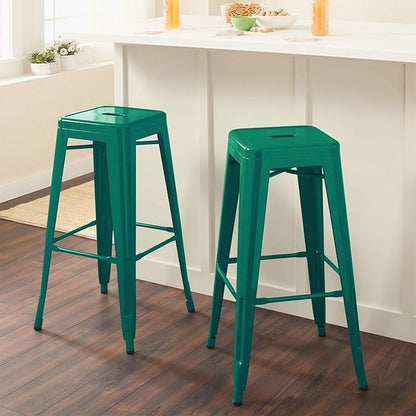 Furniwell 30 Inches Metal Bar Stools High Backless Tolix Indoor-Outdoor Stackable Barstool with Square Counter Seat Set of 4 (Green)