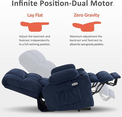 MCombo Dual Motor Large Power Lift Recliner Chair for Elderly, Lay Flat Lift Chair with Heat and Massage, Big Lift Recliner for Tall People, Cup Holders, Fabric 7896 (Large, Navy Blue)