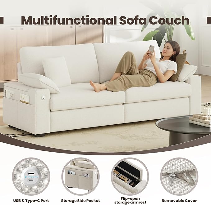89" Loveseat Sofa, Cloud Foam Couch, 3 Seater Upholstered Midcentury Mondern Love Seat with USB Type C Ports, 4 Pillows and Flip-Open Storage Armrest for Living Room/Small Spaces, Beige