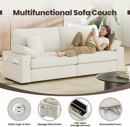 89" Loveseat Sofa, Cloud Foam Couch, 3 Seater Upholstered Midcentury Mondern Love Seat with USB Type C Ports, 4 Pillows and Flip-Open Storage Armrest for Living Room/Small Spaces, Beige