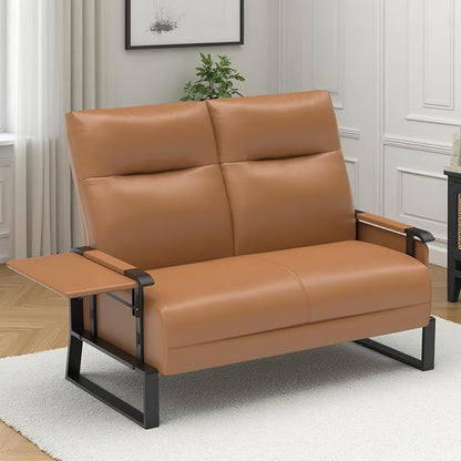 Faux Leather Loveseat, Upholstered Loveseat with Side Tray Table & Storage Pocket, Small Loveseat for Living Room, Modern 2 Seater Sofa Couch for Small Spaces, Bedroom, Brown