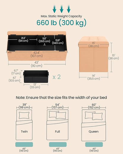 SONGMICS Mazie Collection - Storage Ottoman Bench, Foldable Foot Rest, 15 x 43 x 15 Inches, End of Bed Bench, Storage Chest, Load 660 lb, Living Room, Bedroom, Entryway, Apricot ULSF277O01
