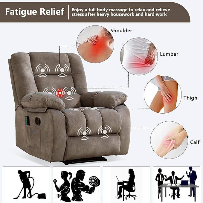 ANJHOME Massage Recliner Chairs with Heat and Vibration,Overstuffed Manual Rocking Reclining Chair for Living Room Bedroom (Brown)