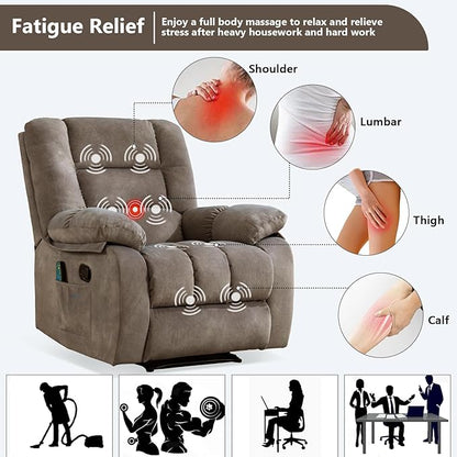 ANJHOME Massage Recliner Chairs with Heat and Vibration,Overstuffed Manual Rocking Reclining Chair for Living Room Bedroom (Brown)