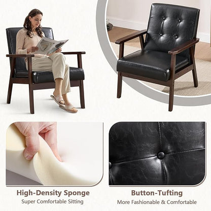 ANJ Mid Century Modern Accent Chairs, Set of 2, Black Faux Leather, Button Tufted with Wood Frame, Living Room Armchairs