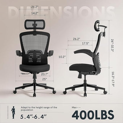 FLEXISPOT OC3-Pro Cloud Ergonomic Office Chair for Big and Tall Black, High Back Office Chair with Flip-up Arm/8-Level Lumbar Support, Foam Seat Cushion, Chairs for Home Office Studying Gaming, Black