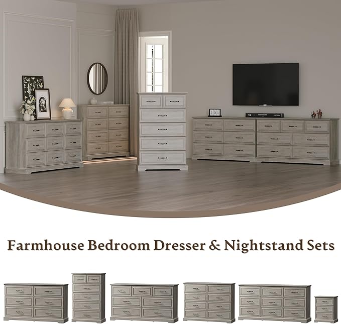 Farmhouse 6 Drawers Dresser for Bedroom, 49" Tall Modern Chest of Drawers with Deep Drawers & Bar Handles, Rustic Wood Dresser TV Stand, Wooden Closet Storage Organizer for Living Room, Hallway, Grey