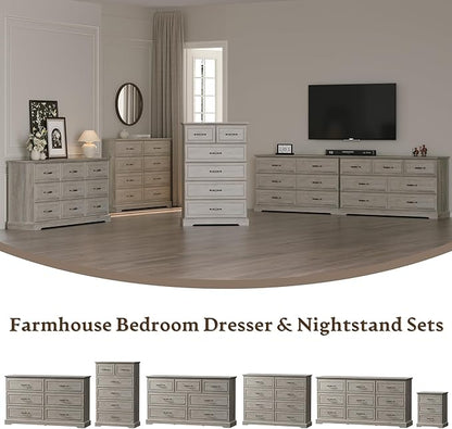 Farmhouse 7 Drawers Dresser for Bedroom, 57" Wide Modern Chest of Drawers with Deep Drawers & Bar Handles, Rustic Wood Dresser TV Stand, Wooden Closet Storage Organizer for Living Room, Hallway, Grey