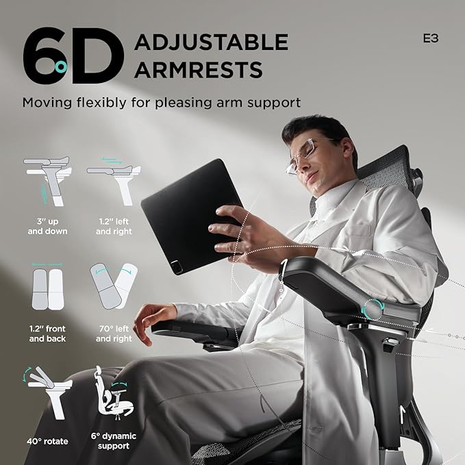 Hbada E3 Pro Ergonomic Office Chair, Big and Tall Office Chair - with 3-Zone Dynamic Lumbar Support, 4D Adjustable Headrest, 6D Adjustable Armrests, Swivel, Black