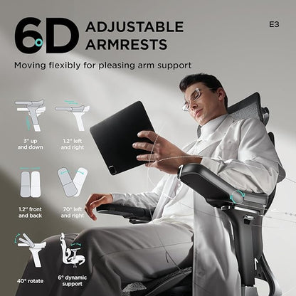 Hbada E3 Pro Ergonomic Office Chair, Big and Tall Office Chair - with 3-Zone Dynamic Lumbar Support, 4D Adjustable Headrest, 6D Adjustable Armrests, Swivel, Black