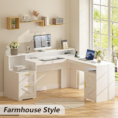 63" Farmhouse L Shaped Executive Desk with Drawers & Storage Shelf, Corner Computer Desk with Power Outlets, L Shaped Office Desk with Monitor Stand, Printer Shelf, White