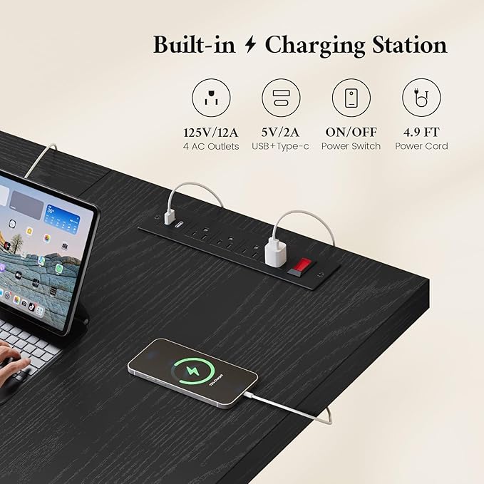 63 Inch Executive Desk, Large Computer Office Desks with Power Outlet, Modern Laptop Desk Writing Table Workstation Business Furniture (Black)