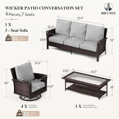 HERA'S HOUSE Gray Patio Furniture Set with Swivel Chairs, Outdoor Wicker Furniture with 35" High Back, 5.5" Thick Cushions, Deep Seating Patio Conversation Sets for Lawn Deck Backyard