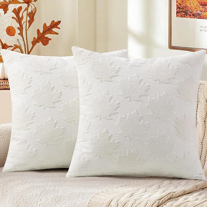 decorUhome Decorative Cream White Maple Leaf Thanksgiving Throw Pillow Covers 18x18 Set of 2, Soft Chenille Jacquard Farmhouse Textured Pillow Covers for Couch Sofa Autumn Harvest Halloween Holiday