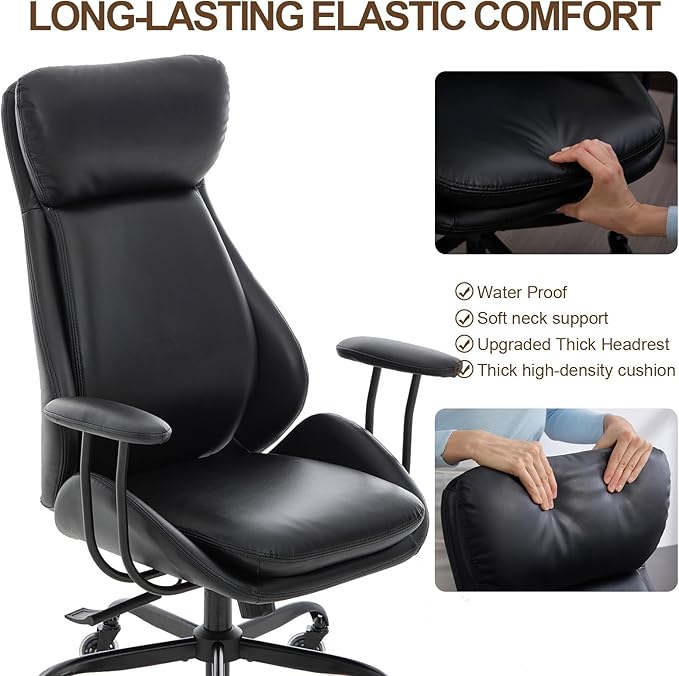 Home Office Desk Chair, PU Casters Ergonomic Computer Chair with Lumbar Support, Adjustable Height, 360°Rolling Swivel Chair, High Back Executive Task, Padded Armrests Chair, Black Leather