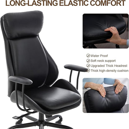 Home Office Desk Chair, PU Casters Ergonomic Computer Chair with Lumbar Support, Adjustable Height, 360°Rolling Swivel Chair, High Back Executive Task, Padded Armrests Chair, Black Leather