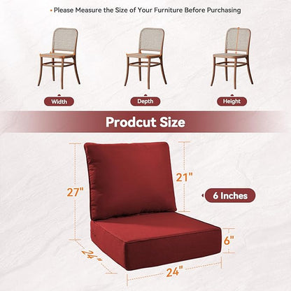 Luxury 6" Outdoor Cushions for Patio Furniture, 24x24x6" Thick Seat Cushion Set of 2, Fade Resistant Couch Chair Replacement Cushions High Density Deep Wicker Chair Cushion w/ Removable Cover, Red