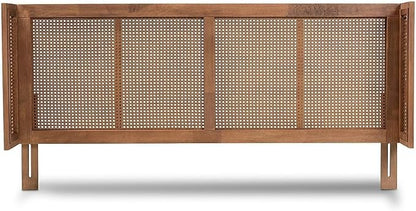Eclectic Escape Mid-Century Modern Ash Wanut Finished Wood and Synthetic Rattan Wrap-Around Headboard Queen
