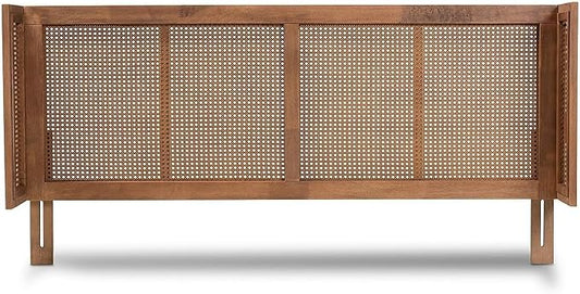 Eclectic Escape Mid-Century Modern Ash Wanut Finished Wood and Synthetic Rattan Wrap-Around Headboard Queen