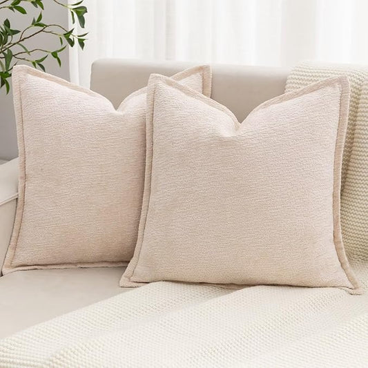 Beige Decorative Throw Pillow Covers 16x16 Inch Set of 2 Cozy Soild Chenille Cushion Cases Soft Textured Square Couch Pillows Cover Boho Accent Farmhouse Pillowcases for Sofa Bed