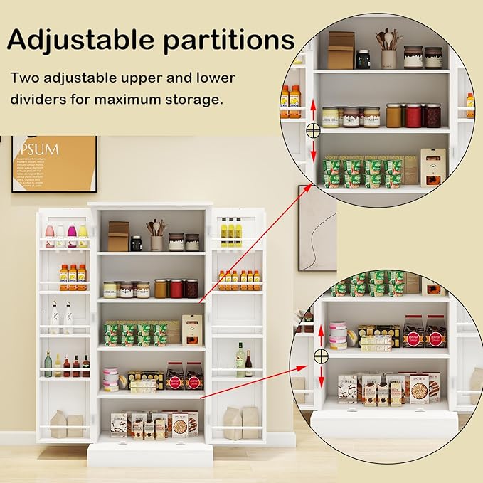 Kitchen Pantry Storage Cabinet w/LED, 50" Pantry Cabinets w/Doors and Adjustable Shelves, Freestanding Pantry Cupboard for Kitchen, Dinning Room, Living Room, Small Place, White