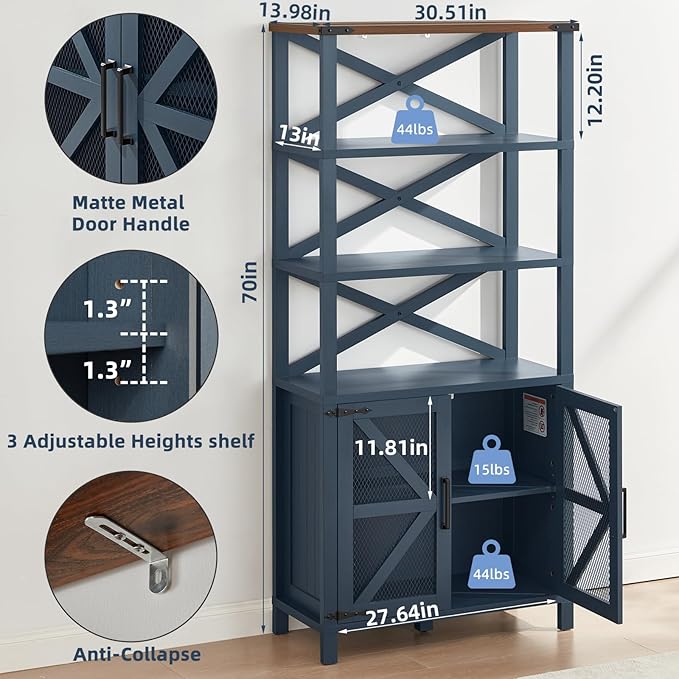 5 Tier Bookshelf 70" Tall Bookcase with Barn Doors,Large Farmhouse Display Book Shelf with Adjustable Shelves and Storage Cabinet，Library Wood Bookshelves for Living Room,Kitchen,Navy Blue