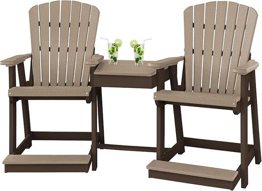 DutchCrafters Plastic Poly Outdoor Bistro Set with 2 Chairs and Attached Center Table, 3 Piece Patio Furniture Set - Amish Made in USA (Tudor Brown & Weatherwood)