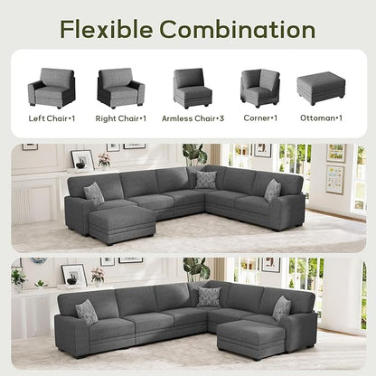 Wanderwell Oversized Modular Sectional Sofa, 7-Seater U Shaped Couches with Movable Ottoman,Corduroy Sectional Couch with Wide and Deep Seats Suitable for Living Room,Bedroom,Apartment (Grey, L-7)