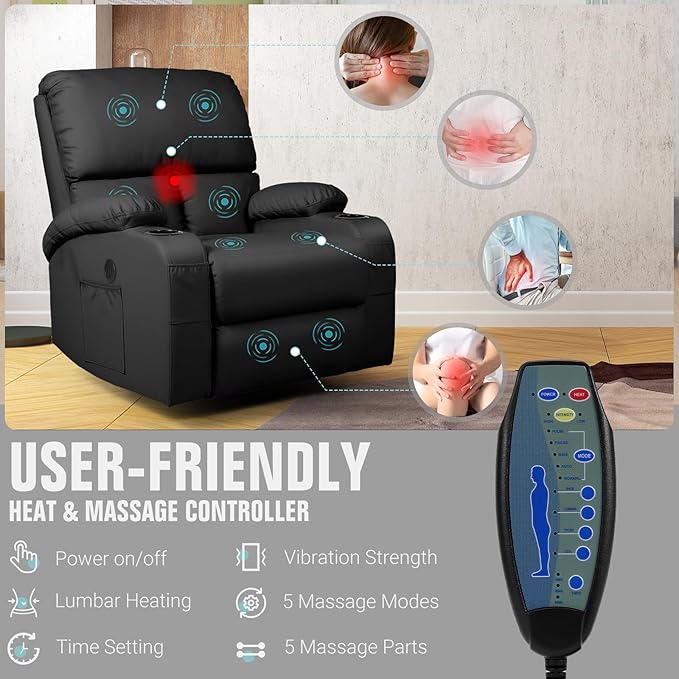 Rocking Recliner Chair, Massage Rocker Recliner Chair with Vibration Massage and Heat, USB and Type-C Ports,360° Swivel Faux Leather Chairs, Living Room, Bedroom, Nursery, RV, Black